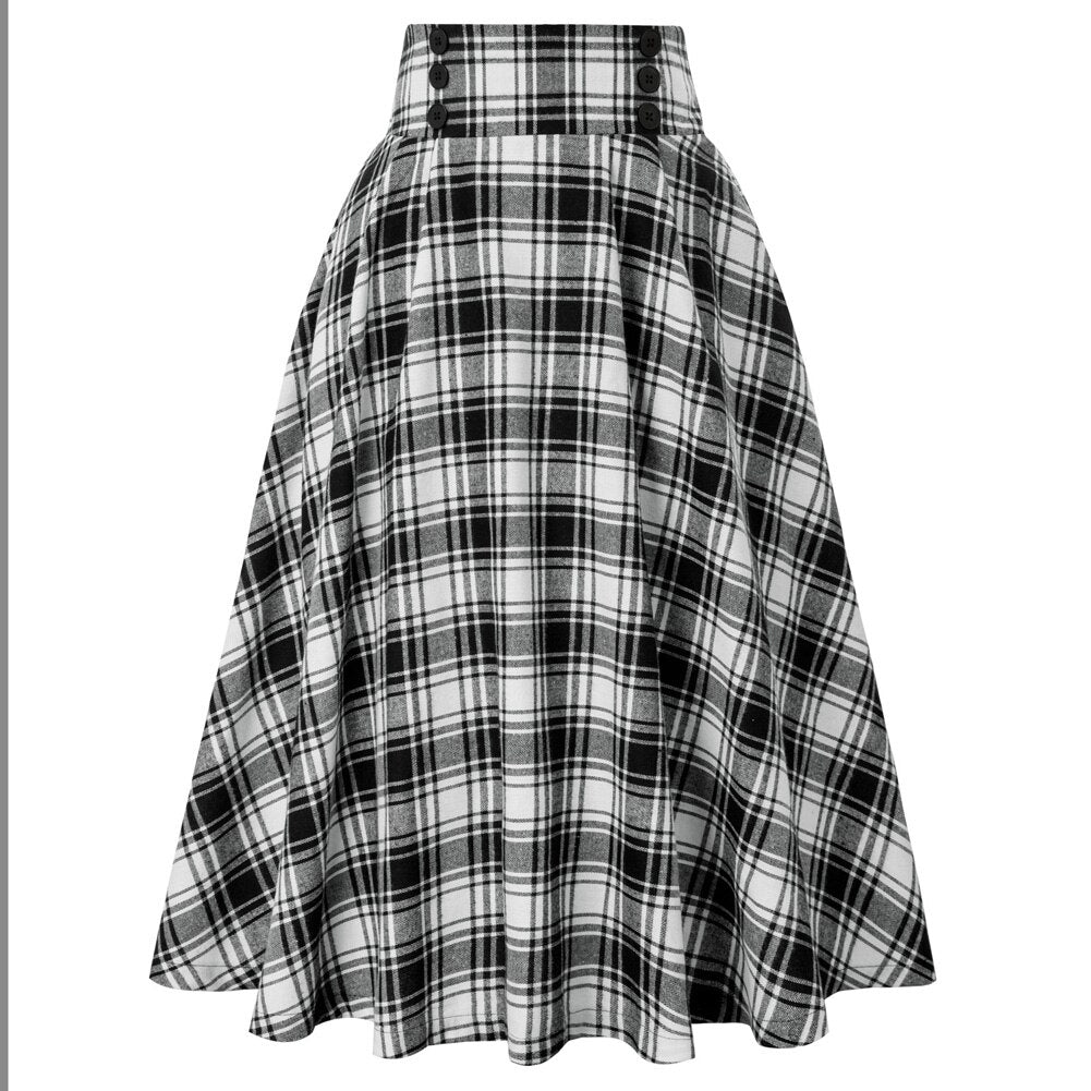 Plaided Skirt High Waist Buttons Decorated Flared A-Line With Open Side-seam Pockets Flared A-Line Silhou