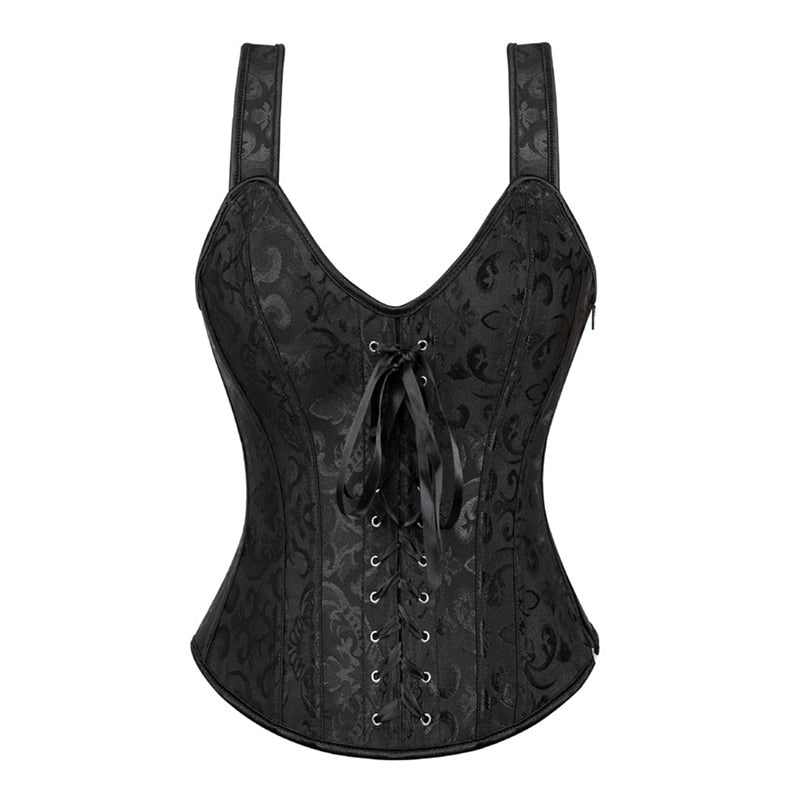 Gothic Jacquard Straps Overbust Corset Sexy Waist Cincher Bustier