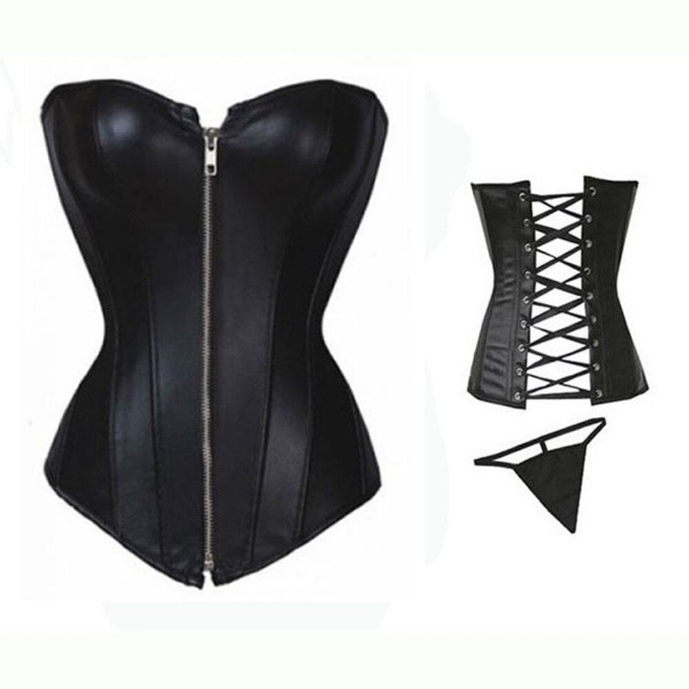 Women Black Faux Leather Steampunk Zipper Overbust Corset