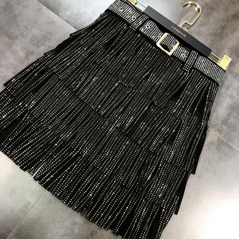Women's Skirt High Waist Belt Multi-Layer Short  Heavy Drilling Rhinestones Fringed Skirt with Cake A Line