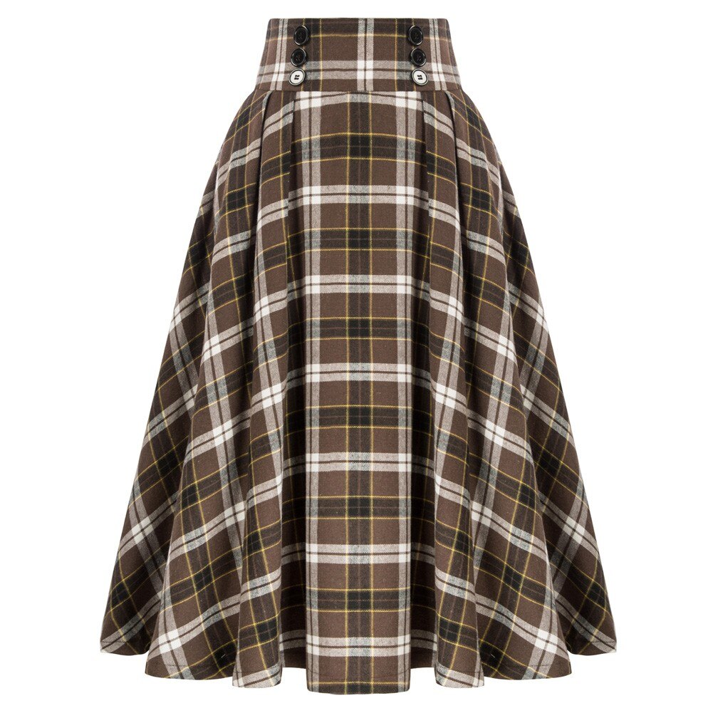 Plaided Skirt High Waist Buttons Decorated Flared A-Line With Open Side-seam Pockets Flared A-Line Silhou