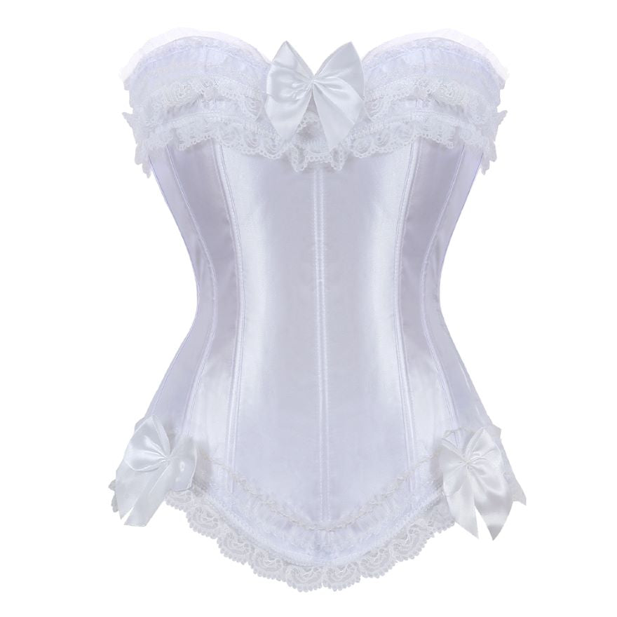 Satin Lace Overlay Corset Bustier Overbust Burlesque Corselet Top Bodyshaper Lingerie