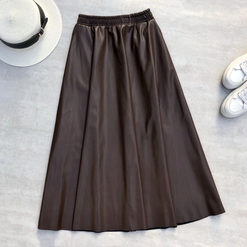 80cm Women Leather Long Skirts Pockets 2022 Winter Elastic Waist A-Line Flare Skirt