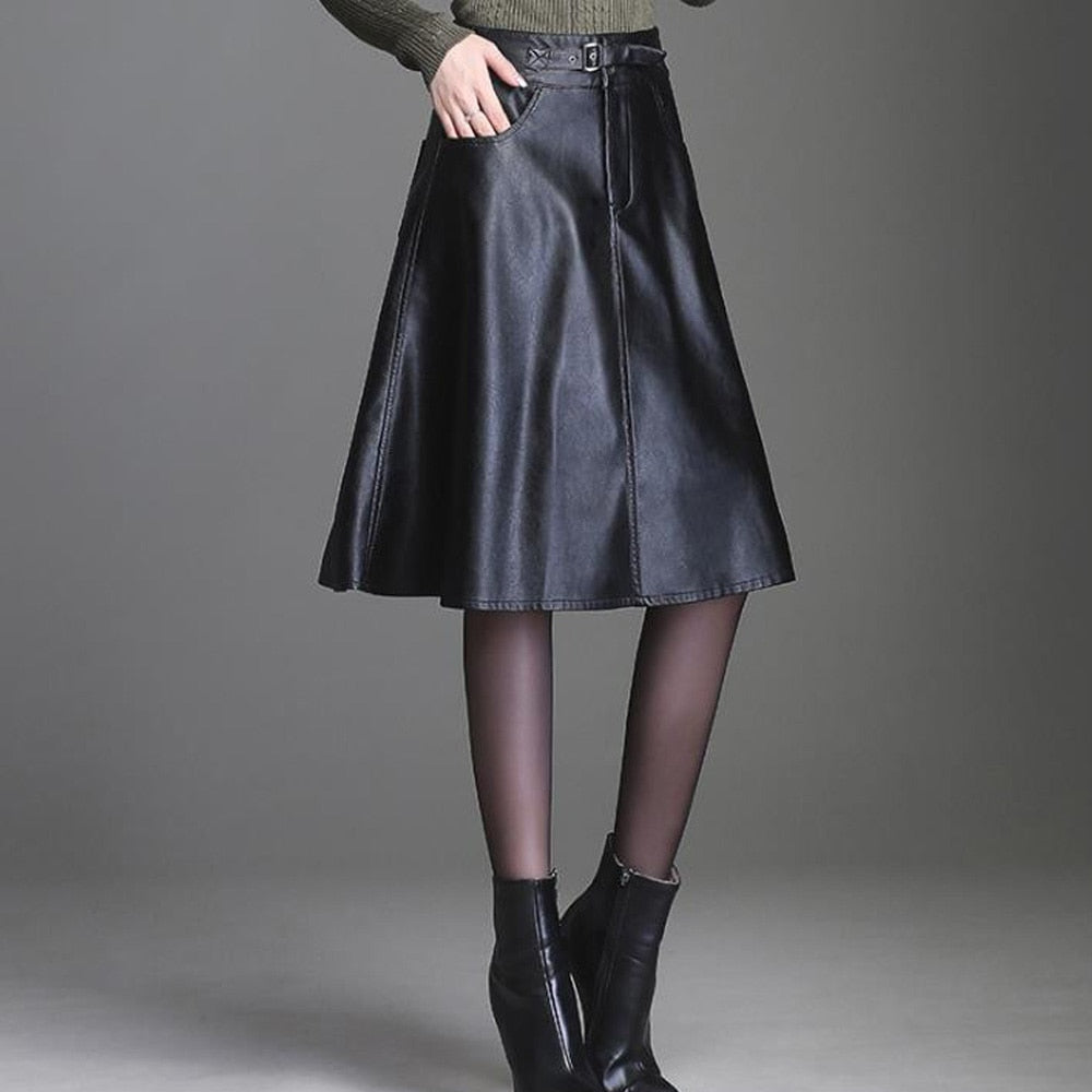Leather Skirt Black High Waist Long Midi A-Line Skirt Saias Mulher