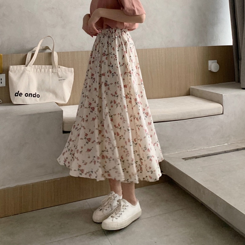 Floral Print A-line Pleated Skirts Summer Women Drawstring Elastic Waist Skirt