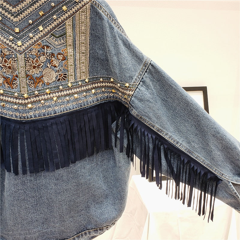 Denim Jacket Floral Embroidery Suede Fringe Loose Chaquetas Mujer Coat