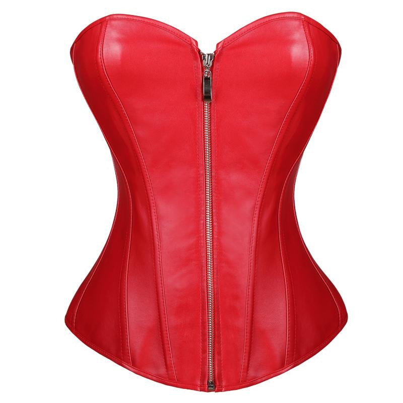 Women Black Faux Leather Steampunk Zipper Overbust Corset
