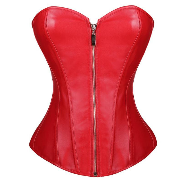 Women Black Faux Leather Steampunk Zipper Overbust Corset