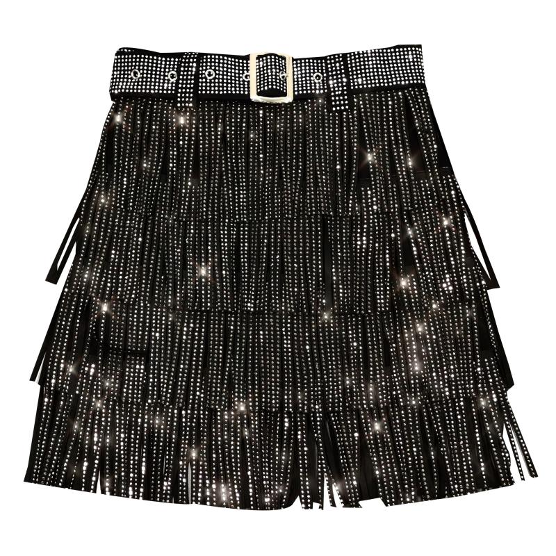 Women's Skirt High Waist Belt Multi-Layer Short  Heavy Drilling Rhinestones Fringed Skirt with Cake A Line