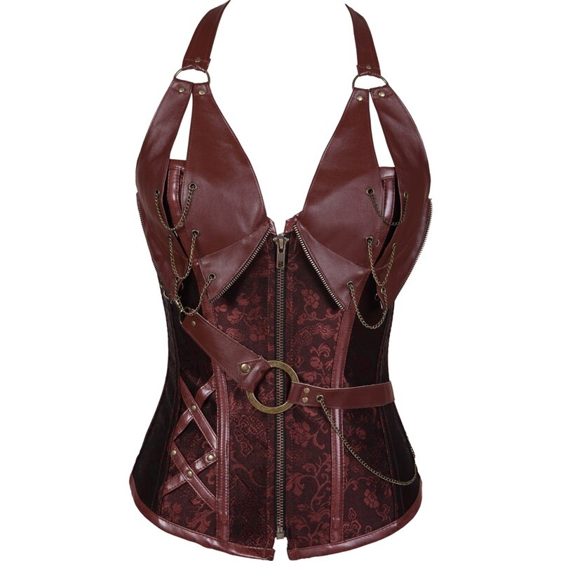 Women bustier corset New court brown 4 steel punk leather corset with belt neck shaper