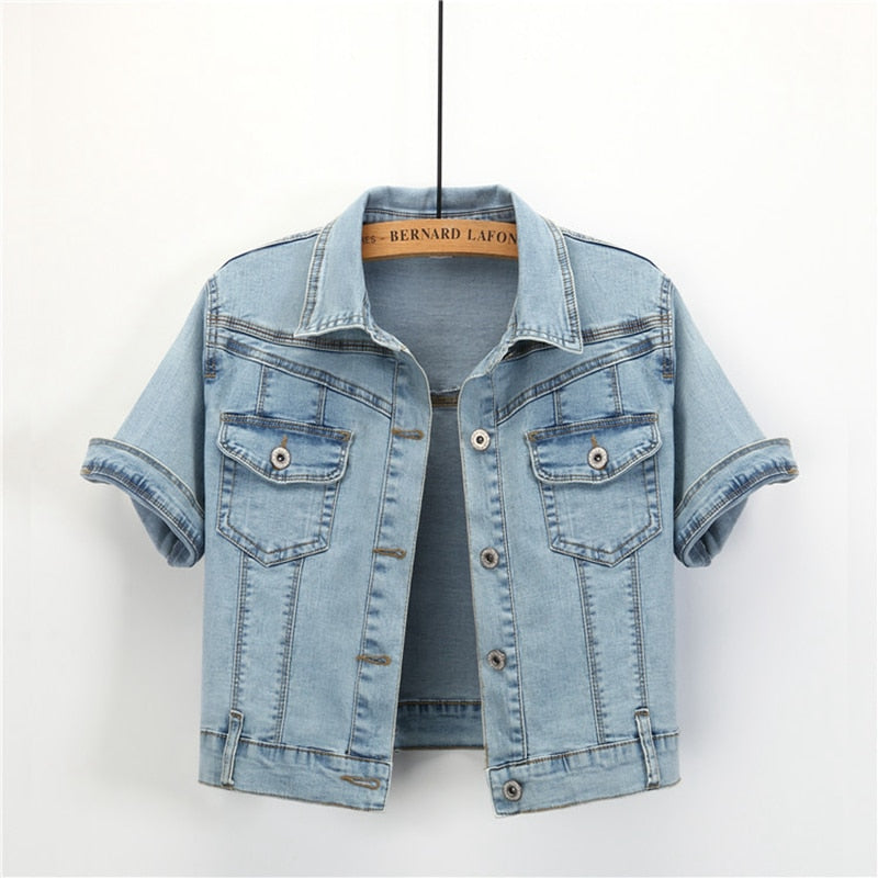 Short Sleeve Jean Jacket Woman Elastic Comfortable Denim Coat Chaqueta Vaquera Mujer Veste Jeans