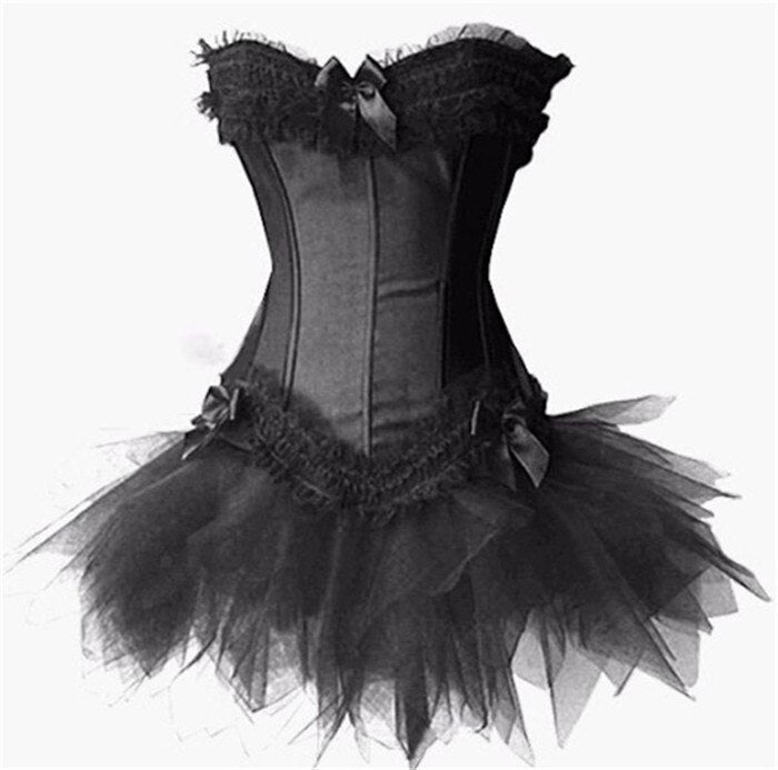 Gothic Corsets Dress Satin Lingerie Lace Top  G-string  Skirt Bustier