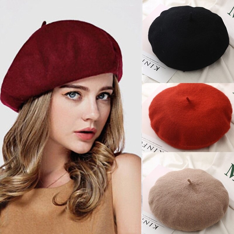 Vintage Plain Beret Hats French Berets Warm Wool Spring Winter Beanie Hat