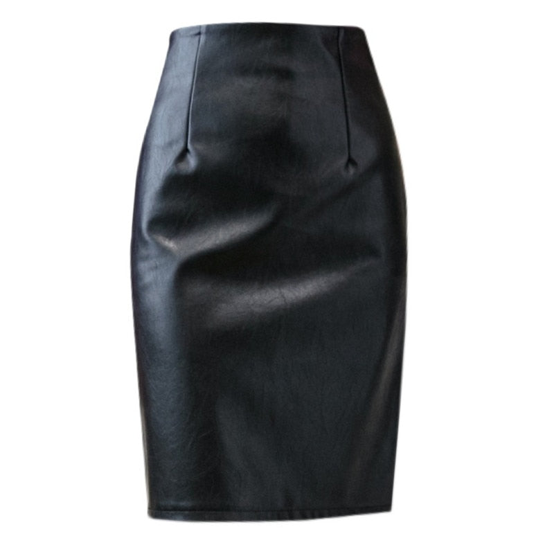 Faux Leather Pencil Skirts 2022 Spring Wrap Bodycon Stretch Knee-Length