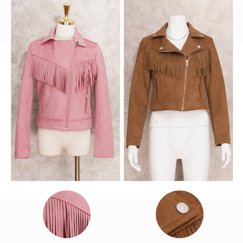 Fringe Faux Suede Jacket Women& Motorcycle Lapel Handsome Jacket Fall
