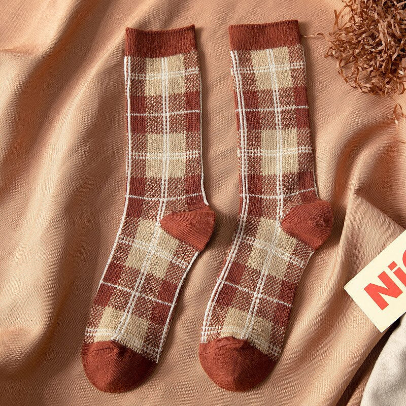 Cotton Socks Style Retro Stack Socks Thousand Bird Tartan Style Preppy Fashion Sen Department Mid-tube