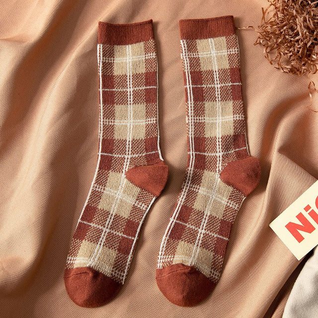 Cotton Socks Style Retro Stack Socks Thousand Bird Tartan Style Preppy Fashion Sen Department Mid-tube