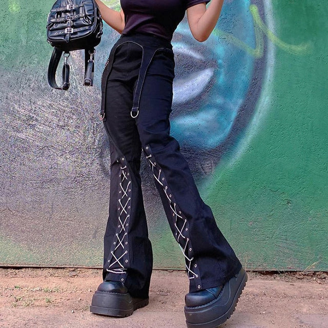 Cross Bandage Straight Pants Techwear Gothic  Trousers E Girl Hip Hop Pants Dark
