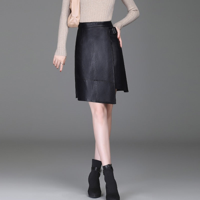 Women Asymmetrical Pu Leather  Short Skirt Women Club Wear Knee Length