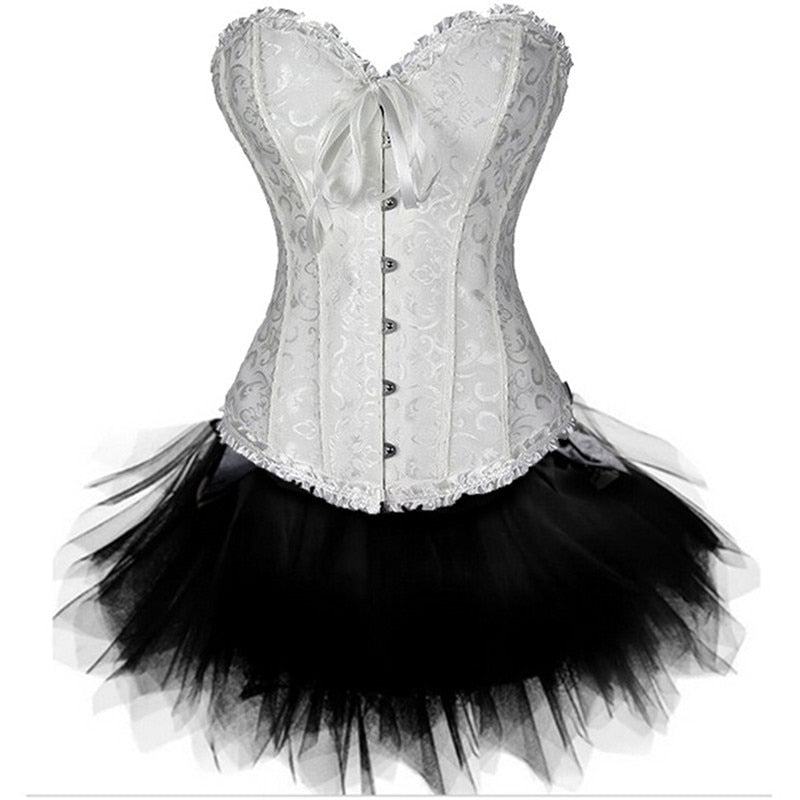 Gothic Corsets Dress Satin Lingerie Lace Top  G-string  Skirt Bustier