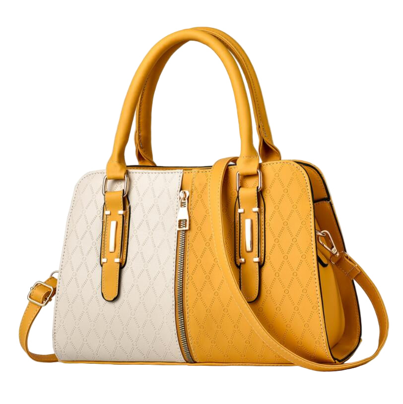 A yellow and white handbag with a textured surface and a single handle.