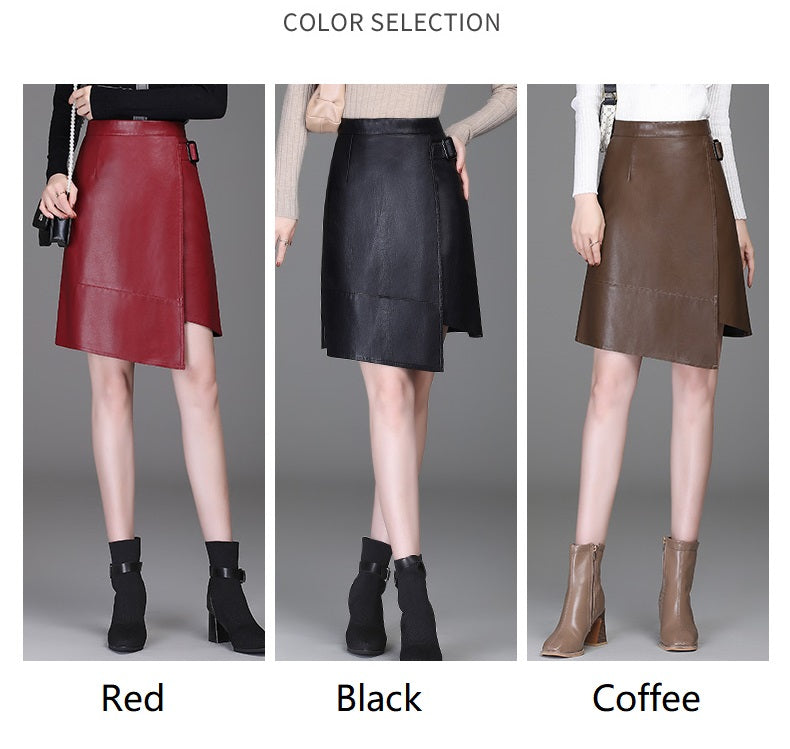 Women Asymmetrical Pu Leather  Short Skirt Women Club Wear Knee Length
