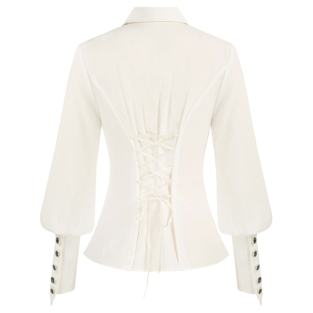 Women's Victorian Blouse Vintage Lotus Ruffled Shirt Renaissance Shirt With Tie Long Lantern Sleeves Button-up