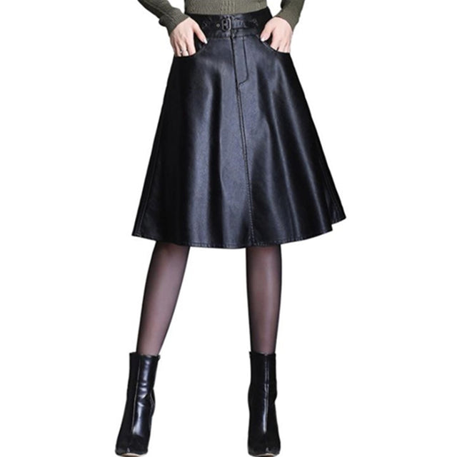 Leather Skirt Black High Waist Long Midi A-Line Skirt Saias Mulher