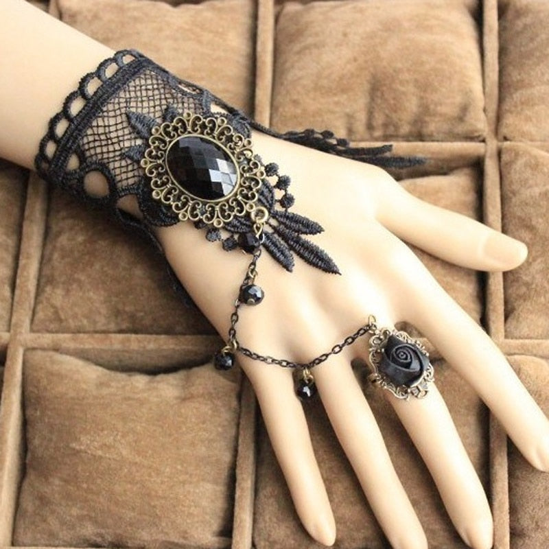 Black Lace Gothic Vintage Sexy Fashion Velvet Chain Necklace Earrings Hand Lace