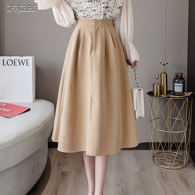 Summer Elastic High Waist Office Lady A-Line Midi Skirt Femme