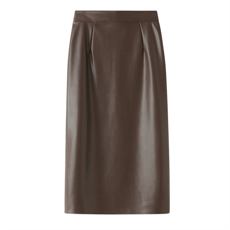 Stretch Pu Leather Midi Skirts Pencil Bodycon Elegant Office Ladies High Waist Faux Skirt