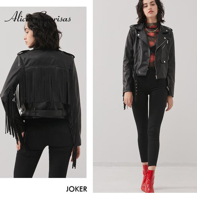 Fashion Fringed Jacket Women Tassel Spring PU Leather Coat Short Slim Fit Waist Motorcycle Jacket