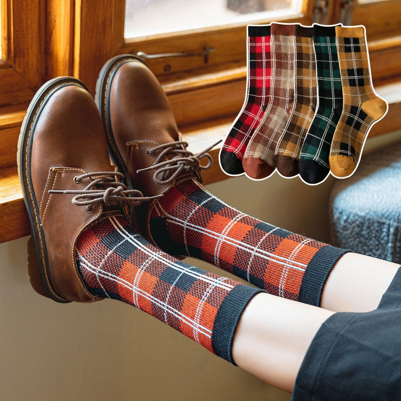 Cotton Socks Style Retro Stack Socks Thousand Bird Tartan Style Preppy Fashion Sen Department Mid-tube