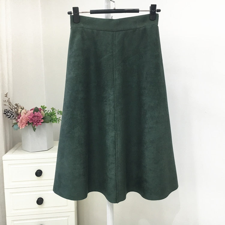 2022 Vintage Style Elastic Ladies A-Line Black Green Flare Fashion High Waist Midi Skirt