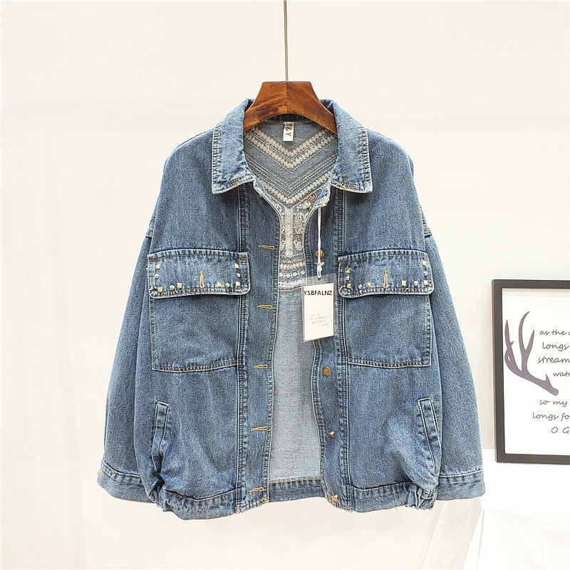 Denim Jacket Floral Embroidery Suede Fringe Loose Chaquetas Mujer Coat