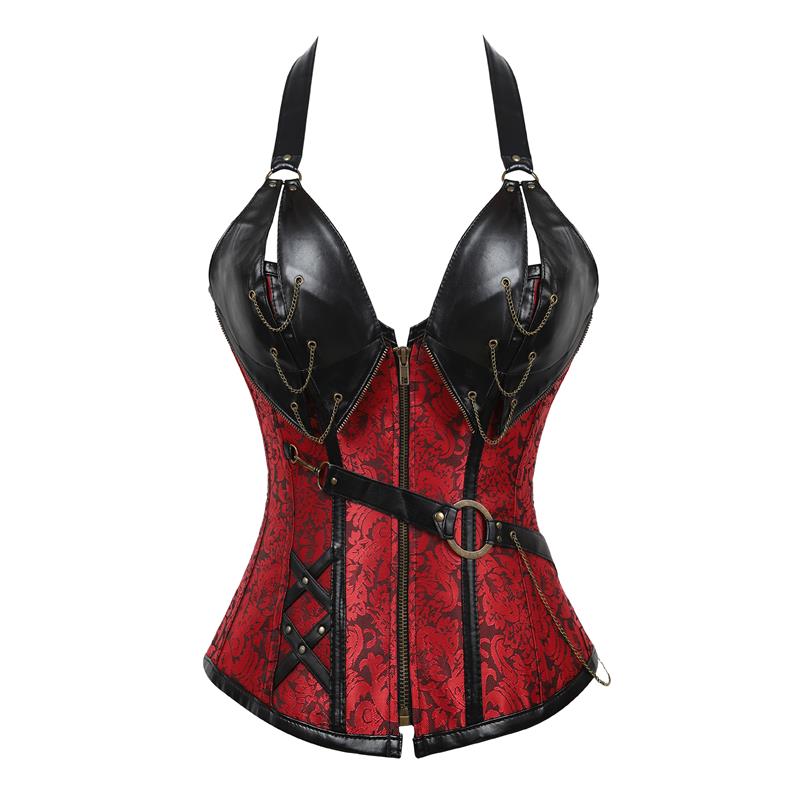 Women bustier corset New court brown 4 steel punk leather corset with belt neck shaper