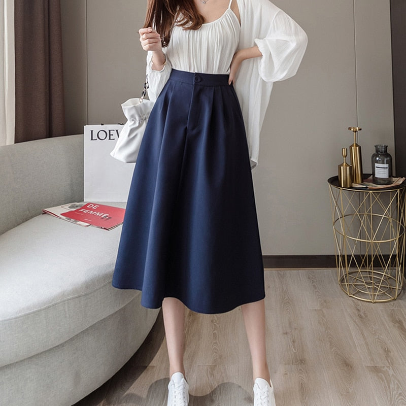 Summer Elastic High Waist Office Lady A-Line Midi Skirt Femme