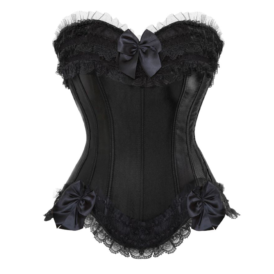 Satin Lace Overlay Corset Bustier Overbust Burlesque Corselet Top Bodyshaper Lingerie
