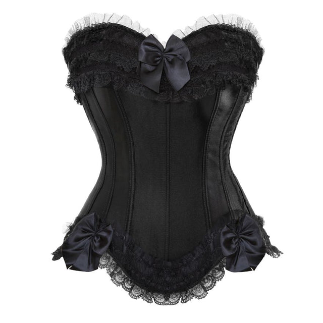 Satin Lace Overlay Corset Bustier Overbust Burlesque Corselet Top Bodyshaper Lingerie
