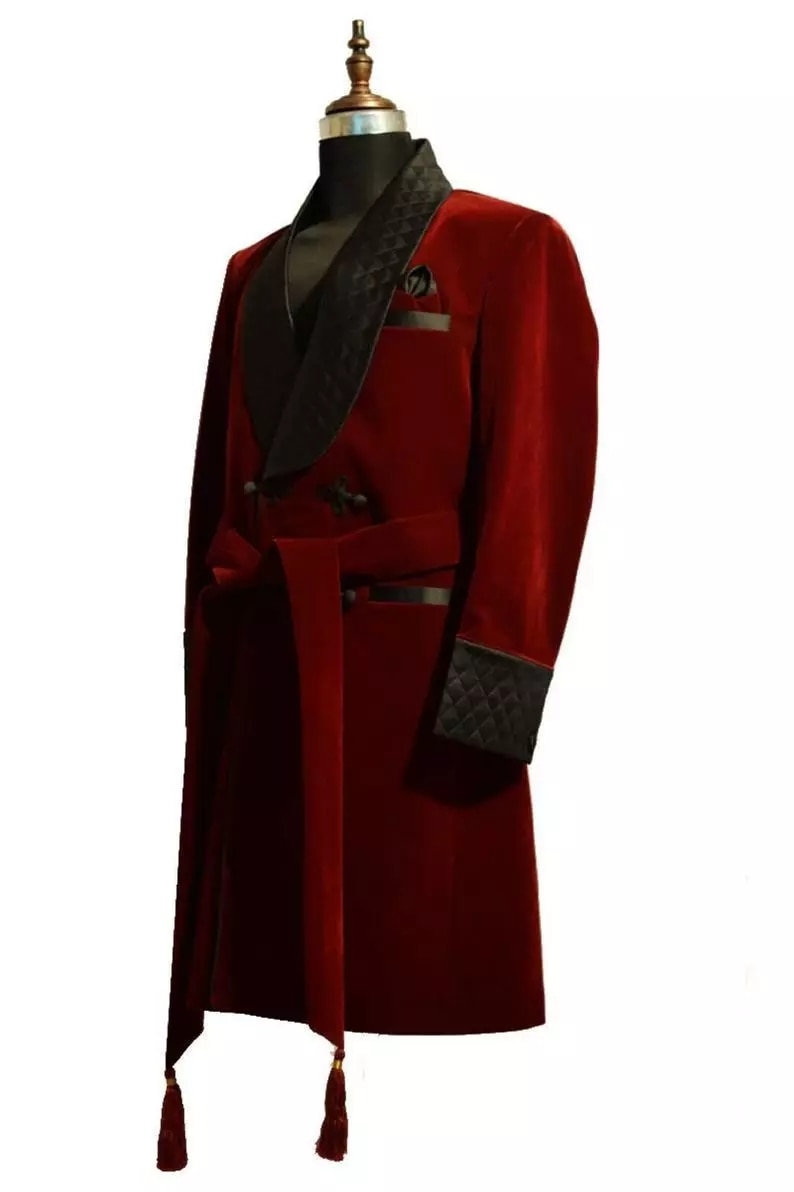 Burgundy Velvet Long Smoking Jackets Black Shawl Lapel Formal Tuxedos Loose Vintage Retro Party Prom Suit Blazer