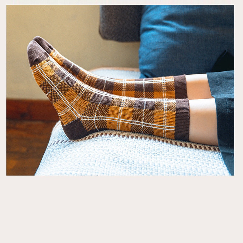 Cotton Socks Style Retro Stack Socks Thousand Bird Tartan Style Preppy Fashion Sen Department Mid-tube