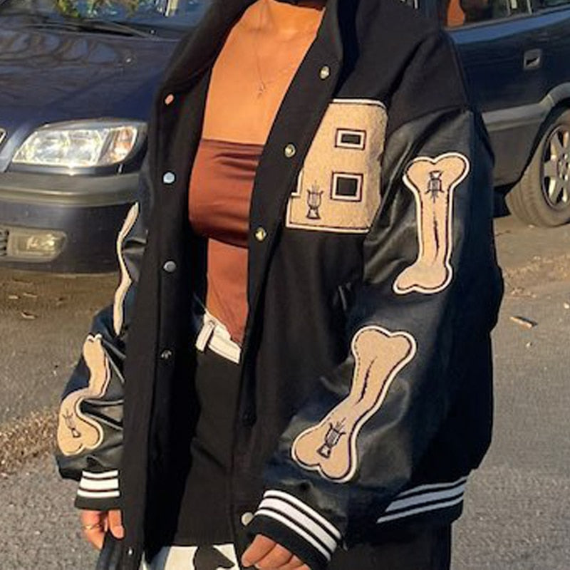 Varsity Baseball Bomber Jacket Women Hip Hop Harajuku Bone Letter Patchwork Leather Jackets Streetwear