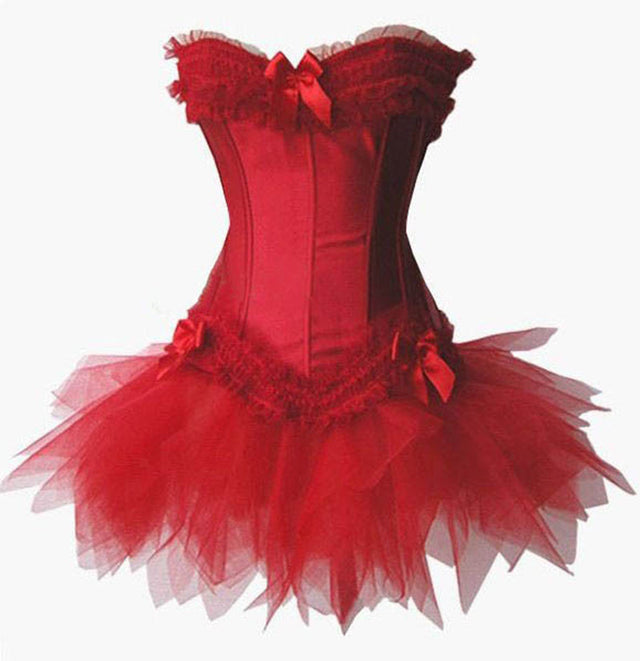 Gothic Corsets Dress Satin Lingerie Lace Top  G-string  Skirt Bustier