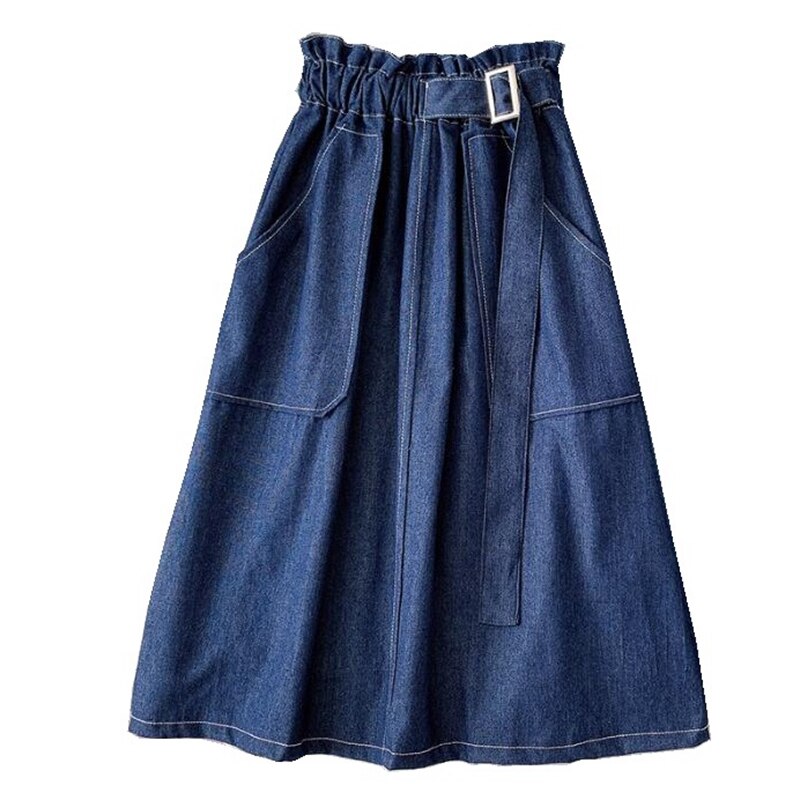 Denim Skirt Women High Waist Midi Jean Skirt A Line with Belt Street Casual Summer Clothing Blue Faldas