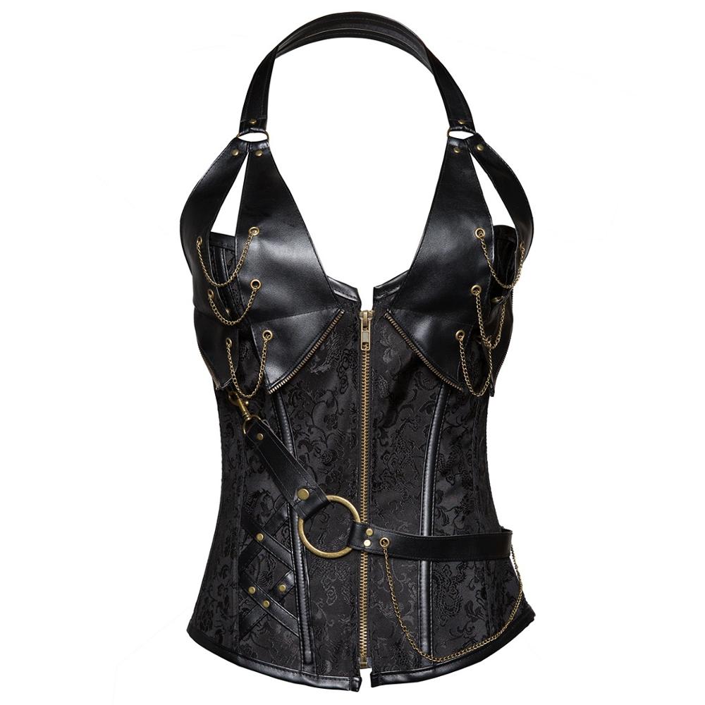 Women bustier corset New court brown 4 steel punk leather corset with belt neck shaper