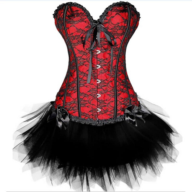 Gothic Corsets Dress Satin Lingerie Lace Top  G-string  Skirt Bustier