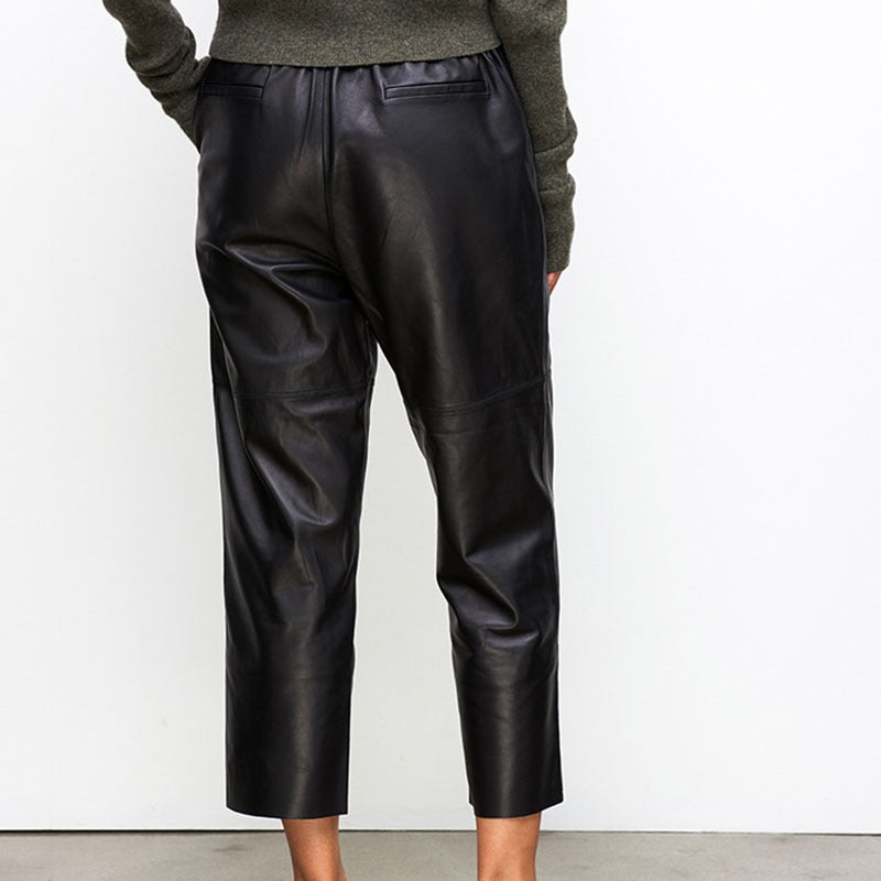 Genuine Leather Harem Pants Women Trousers High Elastic Waist