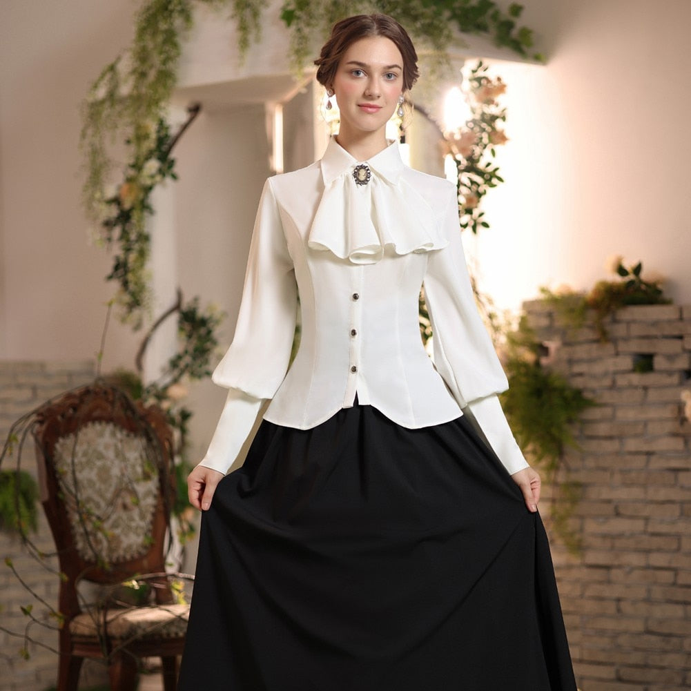Women's Victorian Blouse Vintage Lotus Ruffled Shirt Renaissance Shirt With Tie Long Lantern Sleeves Button-up, Ivory / XXL