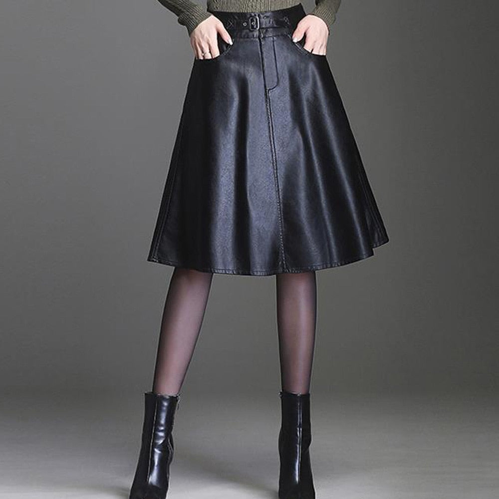Leather Skirt Black High Waist Long Midi A-Line Skirt Saias Mulher
