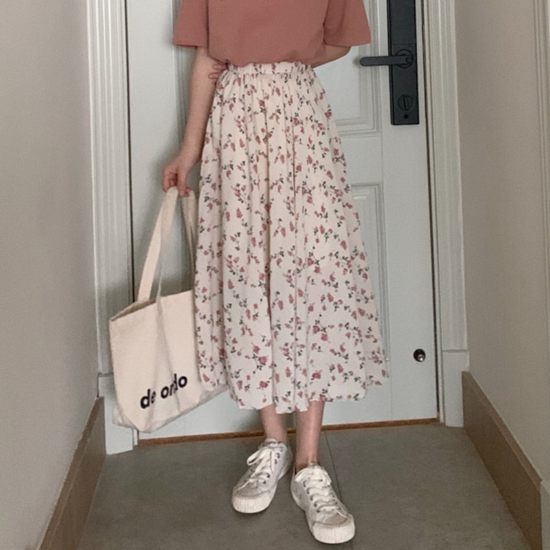 Floral Print A-line Pleated Skirts Summer Women Drawstring Elastic Waist Skirt